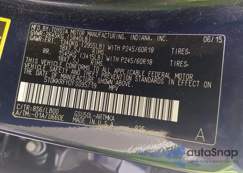 2015 Toyota Highlander Xle V6 z USA, uszkodzony, nr VIN 5TDKKRFH2FS095719